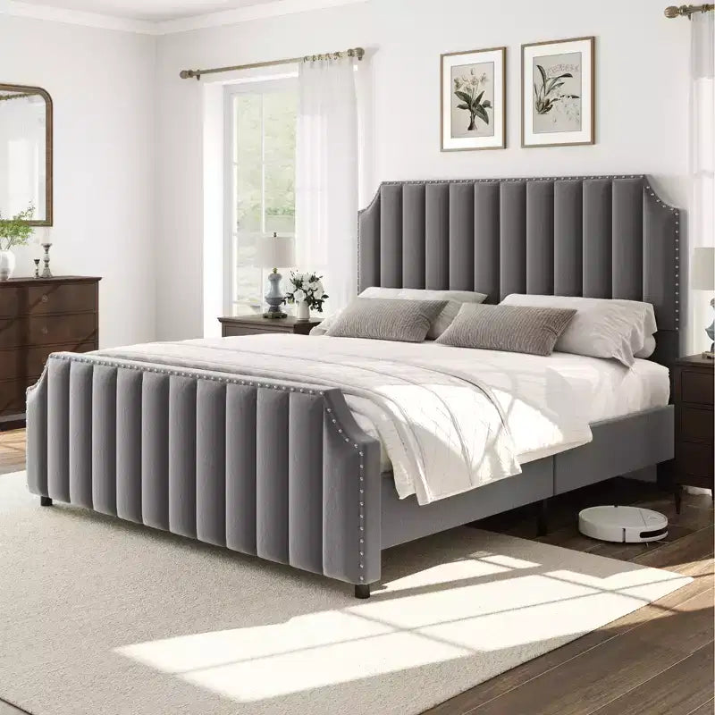 WhizMax Queen/King Size Bed Frame with 50.2 Tall Headboard, Velvet Upholstered Bed Frame Queen with Vertical Channel Tufted Headboard & Footboard