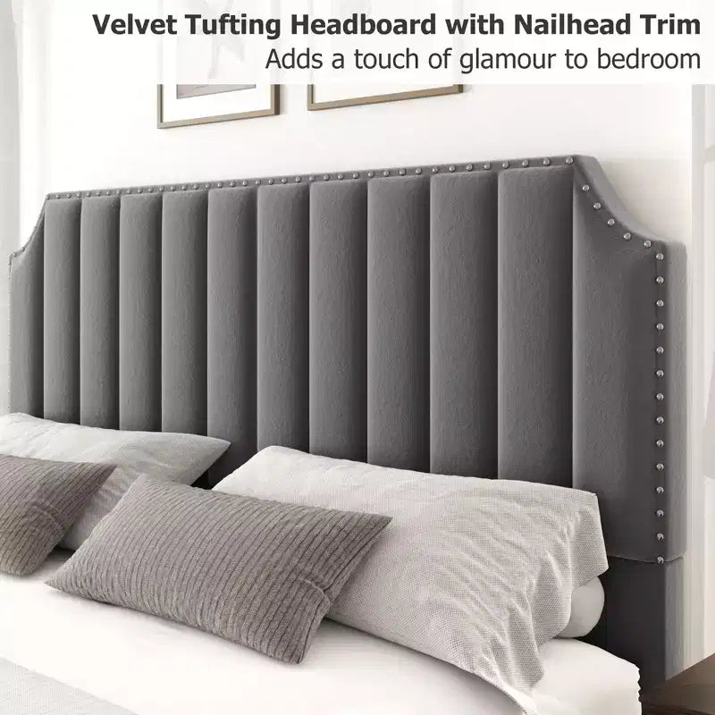 WhizMax Queen/King Size Bed Frame with 50.2 Tall Headboard, Velvet Upholstered Bed Frame Queen with Vertical Channel Tufted Headboard & Footboard