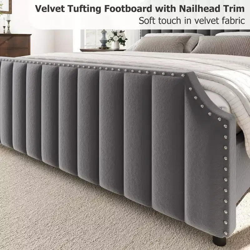 WhizMax Queen/King Size Bed Frame with 50.2 Tall Headboard, Velvet Upholstered Bed Frame Queen with Vertical Channel Tufted Headboard & Footboard