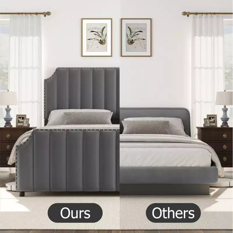 WhizMax Queen/King Size Bed Frame with 50.2 Tall Headboard, Velvet Upholstered Bed Frame Queen with Vertical Channel Tufted Headboard & Footboard