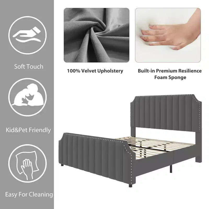 WhizMax Queen/King Size Bed Frame with 50.2 Tall Headboard, Velvet Upholstered Bed Frame Queen with Vertical Channel Tufted Headboard & Footboard