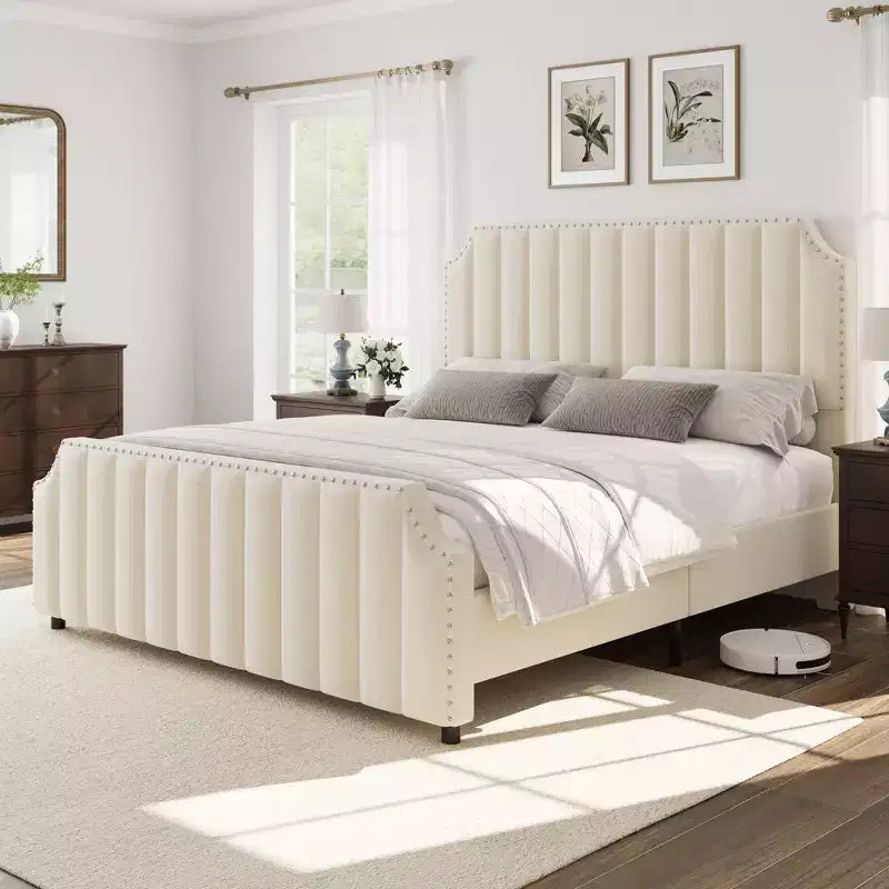 WhizMax Queen/King Size Bed Frame with 50.2 Tall Headboard, Velvet Upholstered Bed Frame Queen with Vertical Channel Tufted Headboard & Footboard