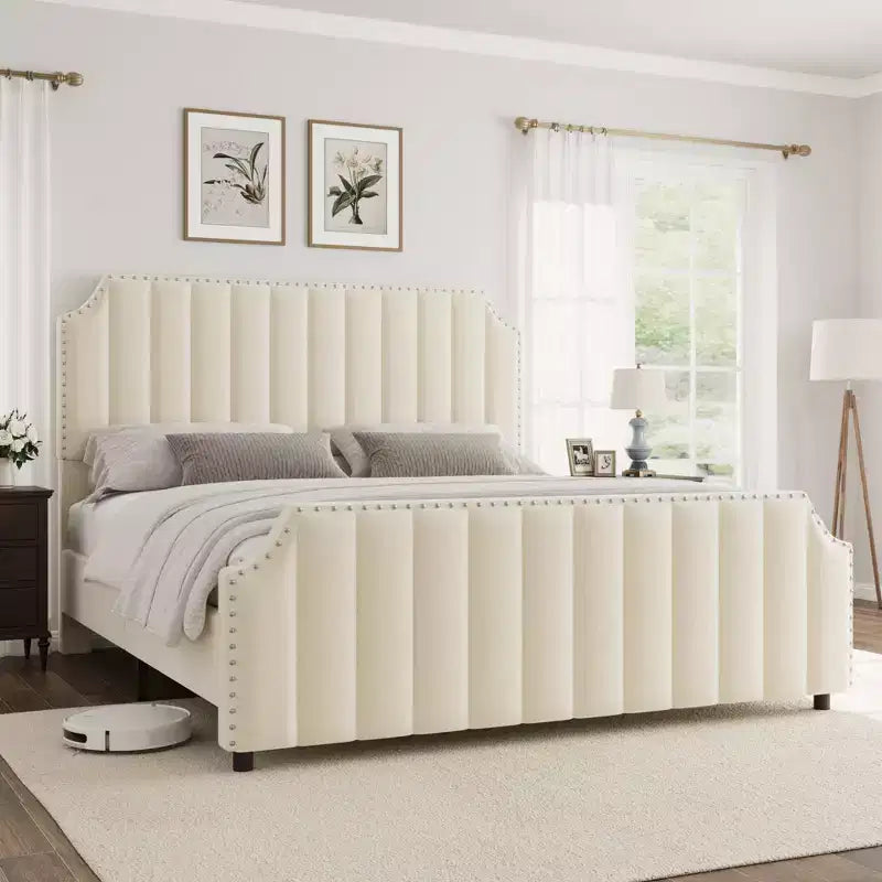WhizMax Queen/King Size Bed Frame with 50.2 Tall Headboard, Velvet Upholstered Bed Frame Queen with Vertical Channel Tufted Headboard & Footboard