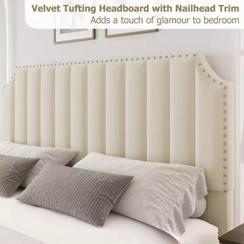 WhizMax Queen/King Size Bed Frame with 50.2 Tall Headboard, Velvet Upholstered Bed Frame Queen with Vertical Channel Tufted Headboard & Footboard