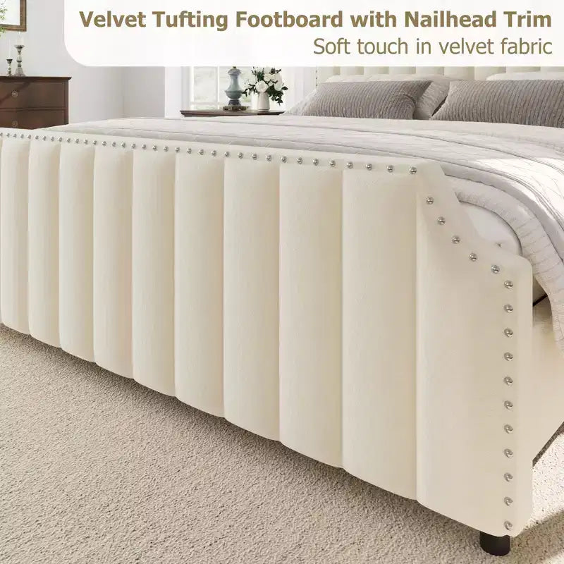 WhizMax Queen/King Size Bed Frame with 50.2 Tall Headboard, Velvet Upholstered Bed Frame Queen with Vertical Channel Tufted Headboard & Footboard