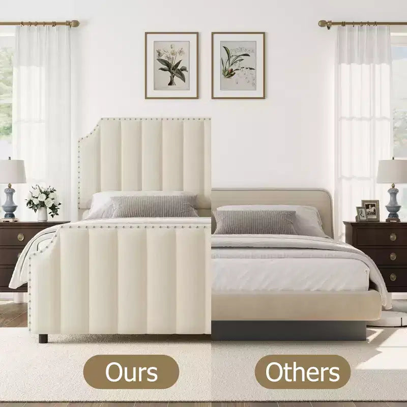 WhizMax Queen/King Size Bed Frame with 50.2 Tall Headboard, Velvet Upholstered Bed Frame Queen with Vertical Channel Tufted Headboard & Footboard