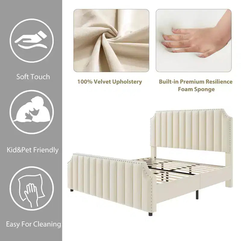 WhizMax Queen/King Size Bed Frame with 50.2 Tall Headboard, Velvet Upholstered Bed Frame Queen with Vertical Channel Tufted Headboard & Footboard