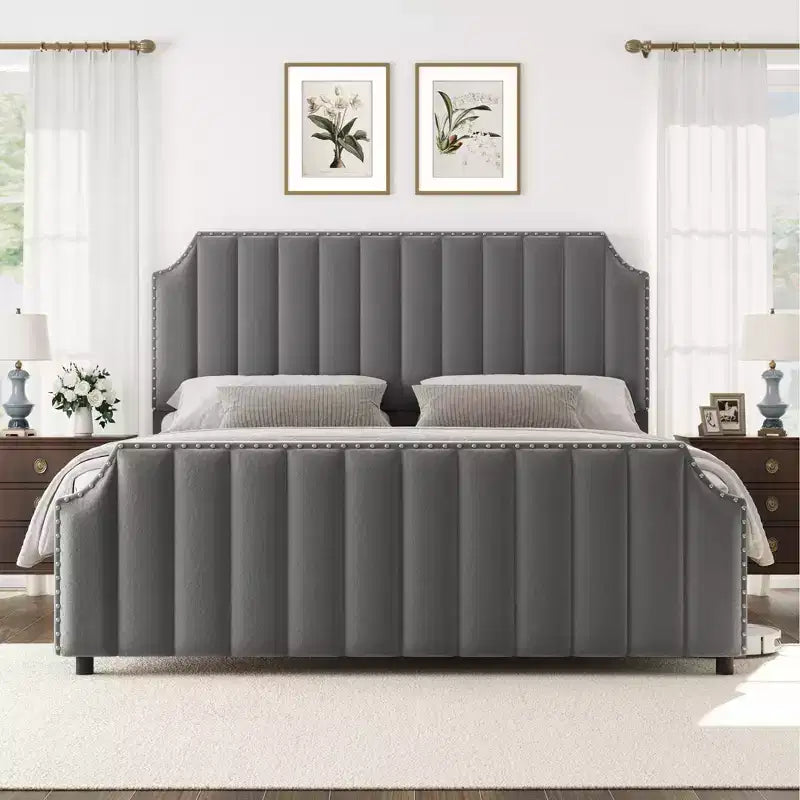 WhizMax Queen/King Size Bed Frame with 50.2 Tall Headboard, Velvet Upholstered Bed Frame Queen with Vertical Channel Tufted Headboard & Footboard