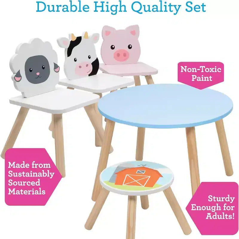 Svan Kids Wooden Animal Table & Chair Set w 3 Seats (Cow Pig Sheep) for Arts Crafts, Pretend Play- Playroom Furniture for Toddlers to Big Children