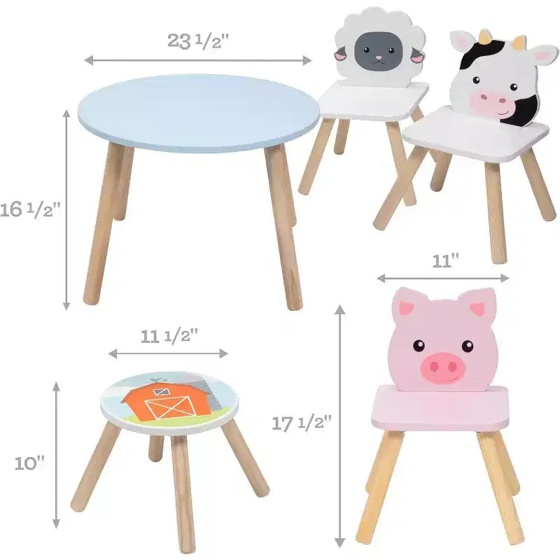 Svan Kids Wooden Animal Table & Chair Set w 3 Seats (Cow Pig Sheep) for Arts Crafts, Pretend Play- Playroom Furniture for Toddlers to Big Children