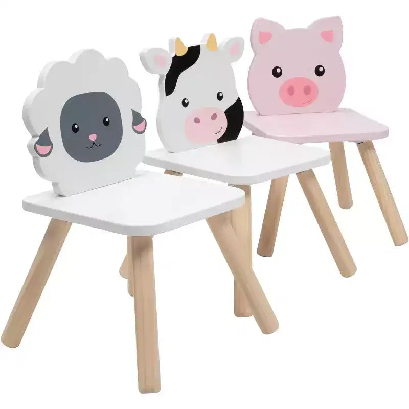 Svan Kids Wooden Animal Table & Chair Set w 3 Seats (Cow Pig Sheep) for Arts Crafts, Pretend Play- Playroom Furniture for Toddlers to Big Children