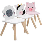 Svan Kids Wooden Animal Table & Chair Set w 3 Seats (Cow Pig Sheep) for Arts Crafts, Pretend Play- Playroom Furniture for Toddlers to Big Children