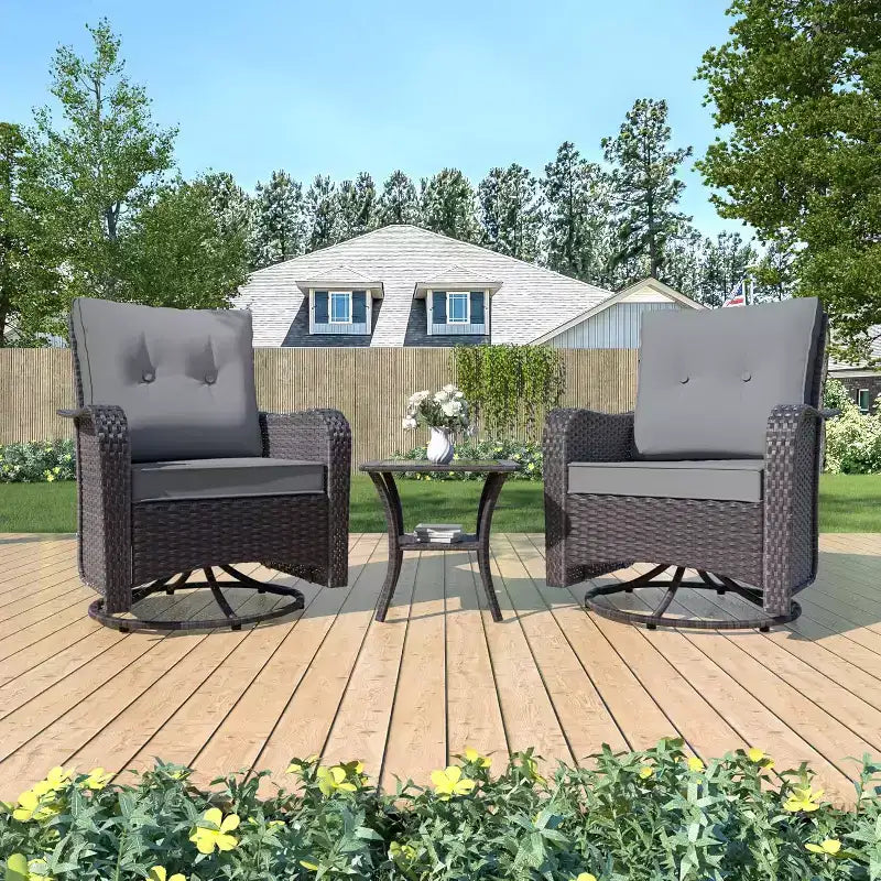 ALAULM Patio Furniture Set Outdoor Swivel Gliders Rocker, Wicker Patio Bistro Set, Rocking Chair with Tempered Glass Table and Thickened Cushions