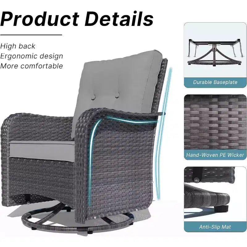 ALAULM Patio Furniture Set Outdoor Swivel Gliders Rocker, Wicker Patio Bistro Set, Rocking Chair with Tempered Glass Table and Thickened Cushions