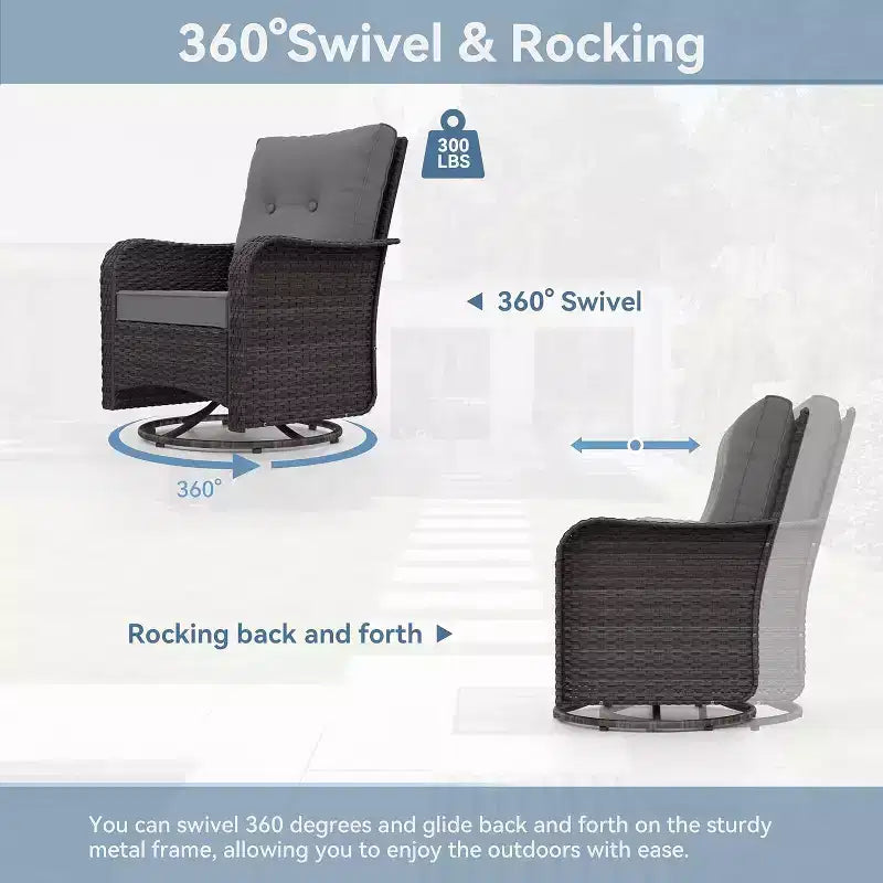 ALAULM Patio Furniture Set Outdoor Swivel Gliders Rocker, Wicker Patio Bistro Set, Rocking Chair with Tempered Glass Table and Thickened Cushions