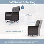 ALAULM Patio Furniture Set Outdoor Swivel Gliders Rocker, Wicker Patio Bistro Set, Rocking Chair with Tempered Glass Table and Thickened Cushions
