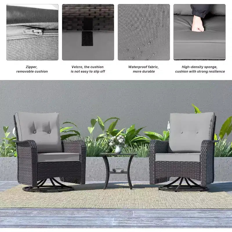 ALAULM Patio Furniture Set Outdoor Swivel Gliders Rocker, Wicker Patio Bistro Set, Rocking Chair with Tempered Glass Table and Thickened Cushions