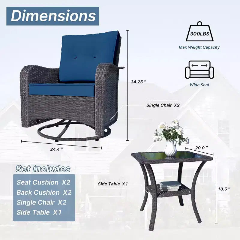 ALAULM Patio Furniture Set Outdoor Swivel Gliders Rocker, Wicker Patio Bistro Set, Rocking Chair with Tempered Glass Table and Thickened Cushions
