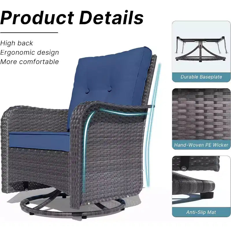 ALAULM Patio Furniture Set Outdoor Swivel Gliders Rocker, Wicker Patio Bistro Set, Rocking Chair with Tempered Glass Table and Thickened Cushions