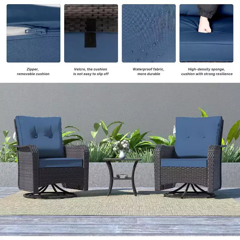 ALAULM Patio Furniture Set Outdoor Swivel Gliders Rocker, Wicker Patio Bistro Set, Rocking Chair with Tempered Glass Table and Thickened Cushions