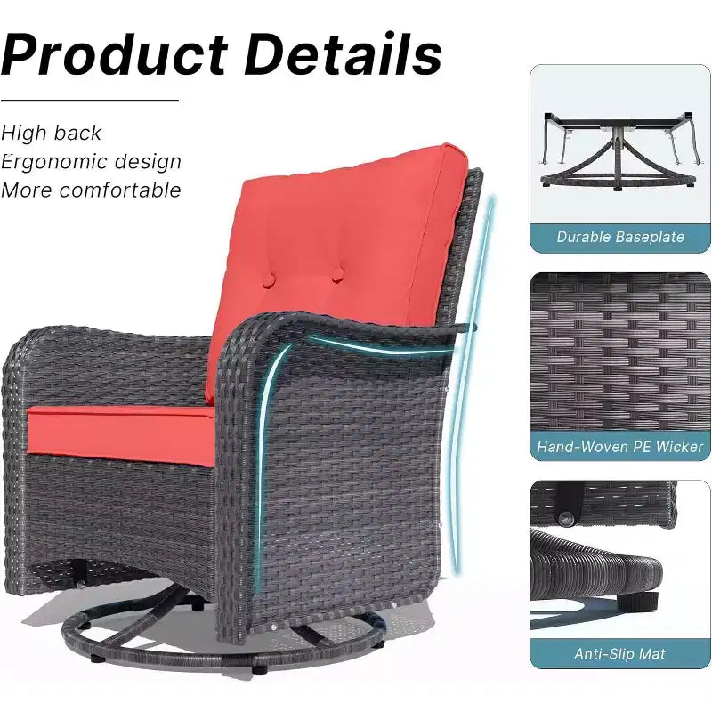 ALAULM Patio Furniture Set Outdoor Swivel Gliders Rocker, Wicker Patio Bistro Set, Rocking Chair with Tempered Glass Table and Thickened Cushions
