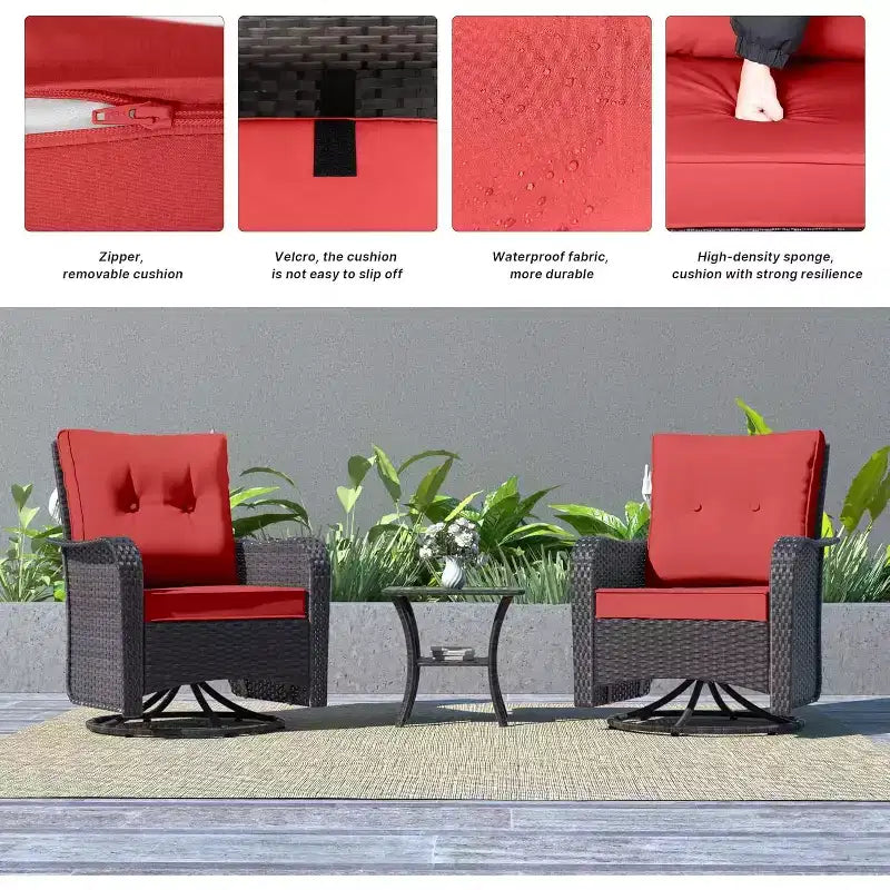 ALAULM Patio Furniture Set Outdoor Swivel Gliders Rocker, Wicker Patio Bistro Set, Rocking Chair with Tempered Glass Table and Thickened Cushions