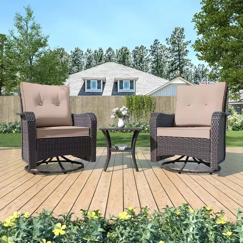 ALAULM Patio Furniture Set Outdoor Swivel Gliders Rocker, Wicker Patio Bistro Set, Rocking Chair with Tempered Glass Table and Thickened Cushions