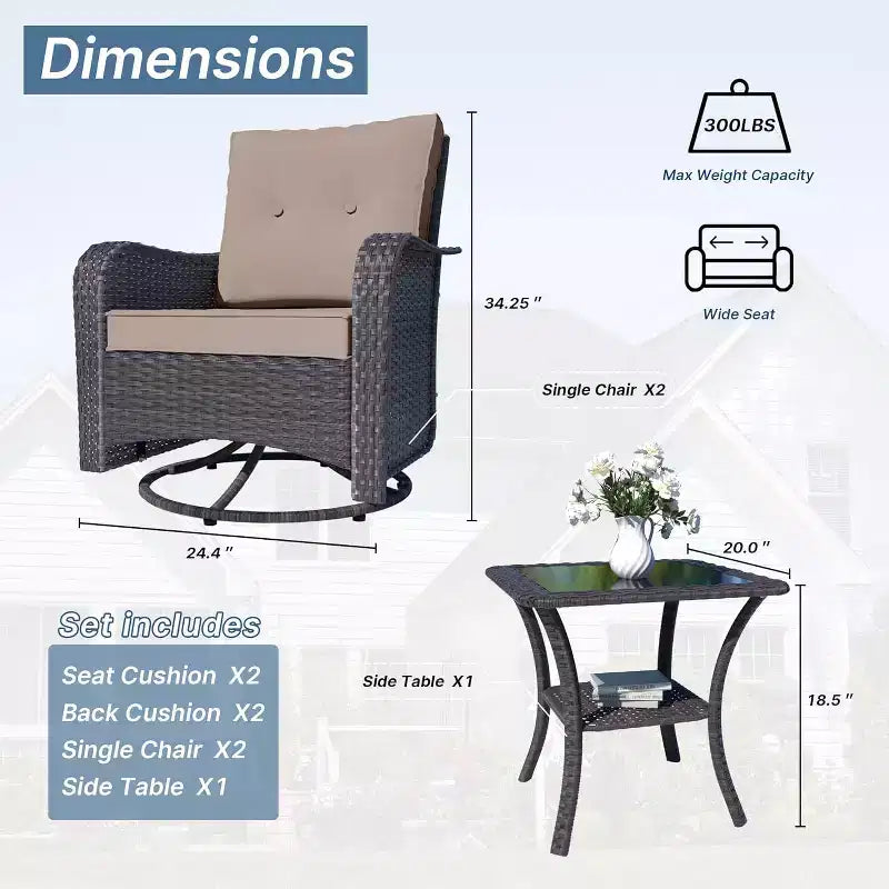 ALAULM Patio Furniture Set Outdoor Swivel Gliders Rocker, Wicker Patio Bistro Set, Rocking Chair with Tempered Glass Table and Thickened Cushions