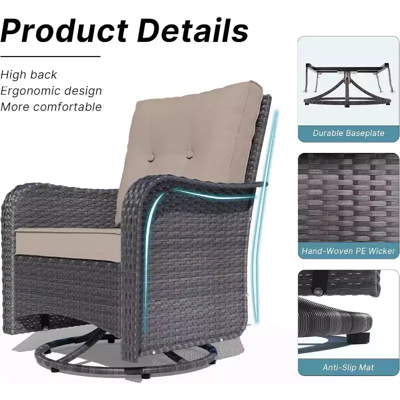 ALAULM Patio Furniture Set Outdoor Swivel Gliders Rocker, Wicker Patio Bistro Set, Rocking Chair with Tempered Glass Table and Thickened Cushions