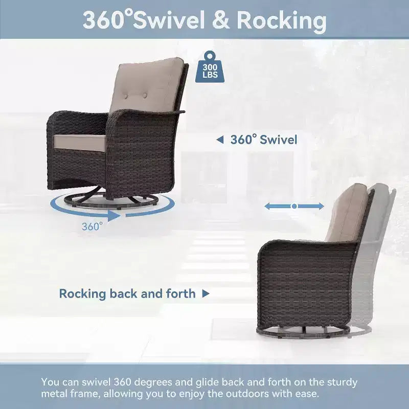 ALAULM Patio Furniture Set Outdoor Swivel Gliders Rocker, Wicker Patio Bistro Set, Rocking Chair with Tempered Glass Table and Thickened Cushions