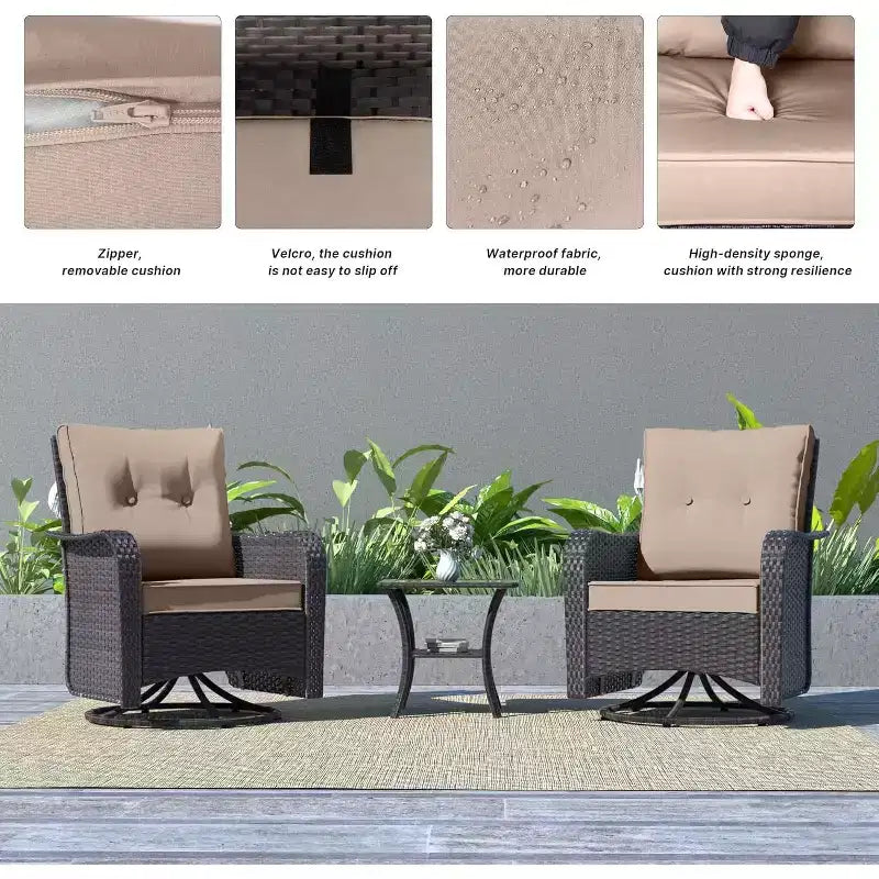 ALAULM Patio Furniture Set Outdoor Swivel Gliders Rocker, Wicker Patio Bistro Set, Rocking Chair with Tempered Glass Table and Thickened Cushions