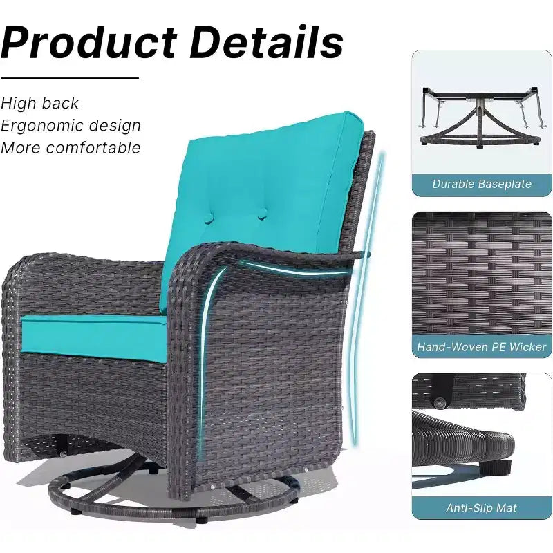ALAULM Patio Furniture Set Outdoor Swivel Gliders Rocker, Wicker Patio Bistro Set, Rocking Chair with Tempered Glass Table and Thickened Cushions