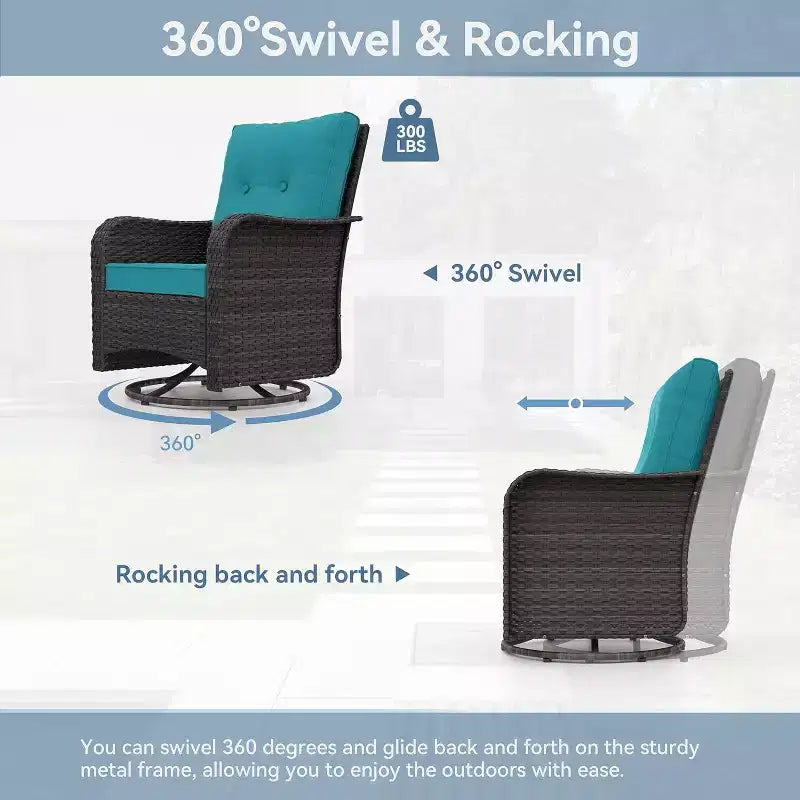 ALAULM Patio Furniture Set Outdoor Swivel Gliders Rocker, Wicker Patio Bistro Set, Rocking Chair with Tempered Glass Table and Thickened Cushions