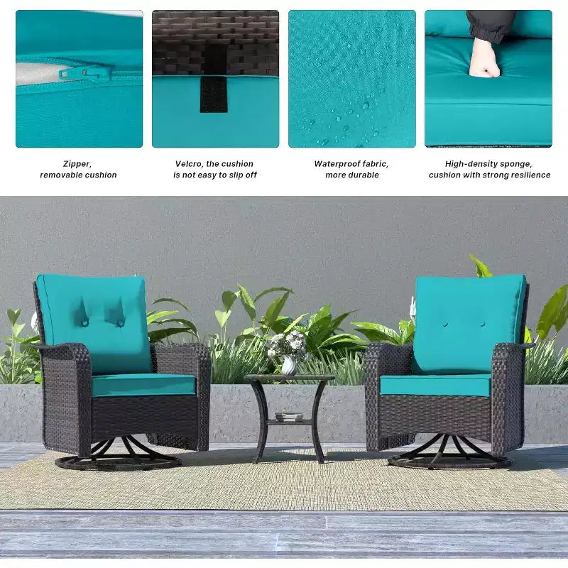ALAULM Patio Furniture Set Outdoor Swivel Gliders Rocker, Wicker Patio Bistro Set, Rocking Chair with Tempered Glass Table and Thickened Cushions