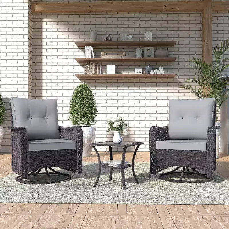 ALAULM Patio Furniture Set Outdoor Swivel Gliders Rocker, Wicker Patio Bistro Set, Rocking Chair with Tempered Glass Table and Thickened Cushions