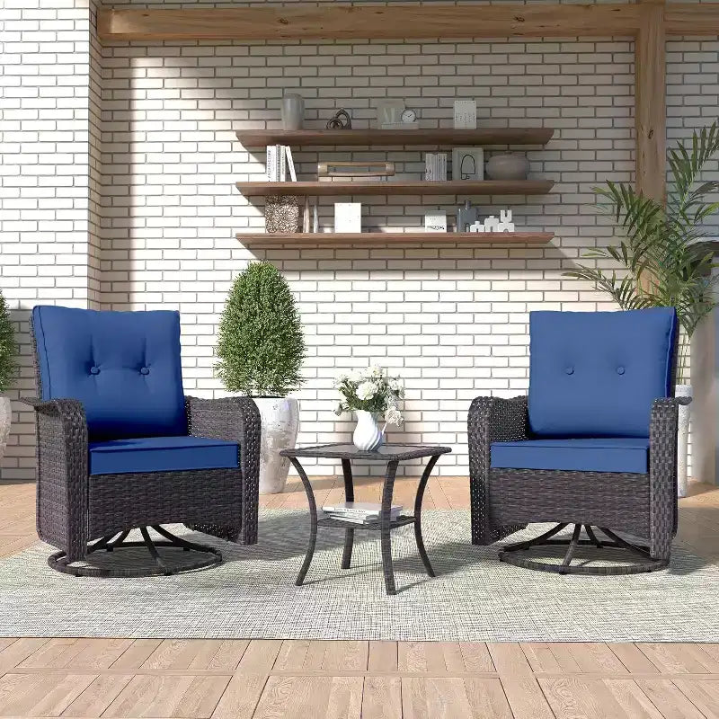 ALAULM Patio Furniture Set Outdoor Swivel Gliders Rocker, Wicker Patio Bistro Set, Rocking Chair with Tempered Glass Table and Thickened Cushions
