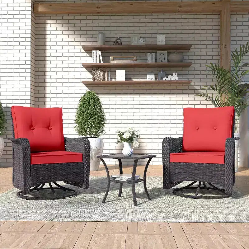 ALAULM Patio Furniture Set Outdoor Swivel Gliders Rocker, Wicker Patio Bistro Set, Rocking Chair with Tempered Glass Table and Thickened Cushions
