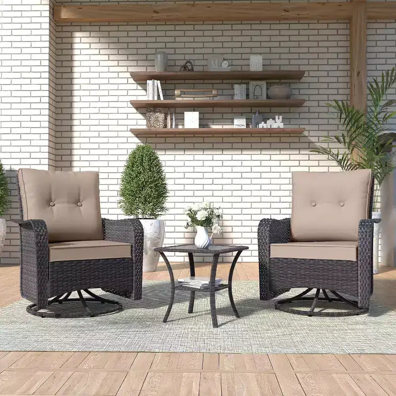 ALAULM Patio Furniture Set Outdoor Swivel Gliders Rocker, Wicker Patio Bistro Set, Rocking Chair with Tempered Glass Table and Thickened Cushions