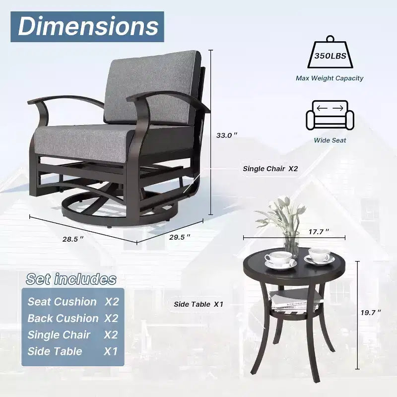 ALAULM 3 PCS Patio Furniture Set, Outdoor Aluminum Swivel Gliders Rocker, Patio Bistro Set Rocking Chair w/Cushions & coffee table