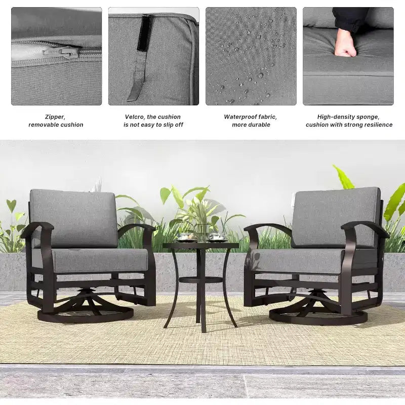 ALAULM 3 PCS Patio Furniture Set, Outdoor Aluminum Swivel Gliders Rocker, Patio Bistro Set Rocking Chair w/Cushions & coffee table