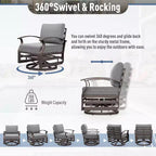 ALAULM 3 PCS Patio Furniture Set, Outdoor Aluminum Swivel Gliders Rocker, Patio Bistro Set Rocking Chair w/Cushions & coffee table