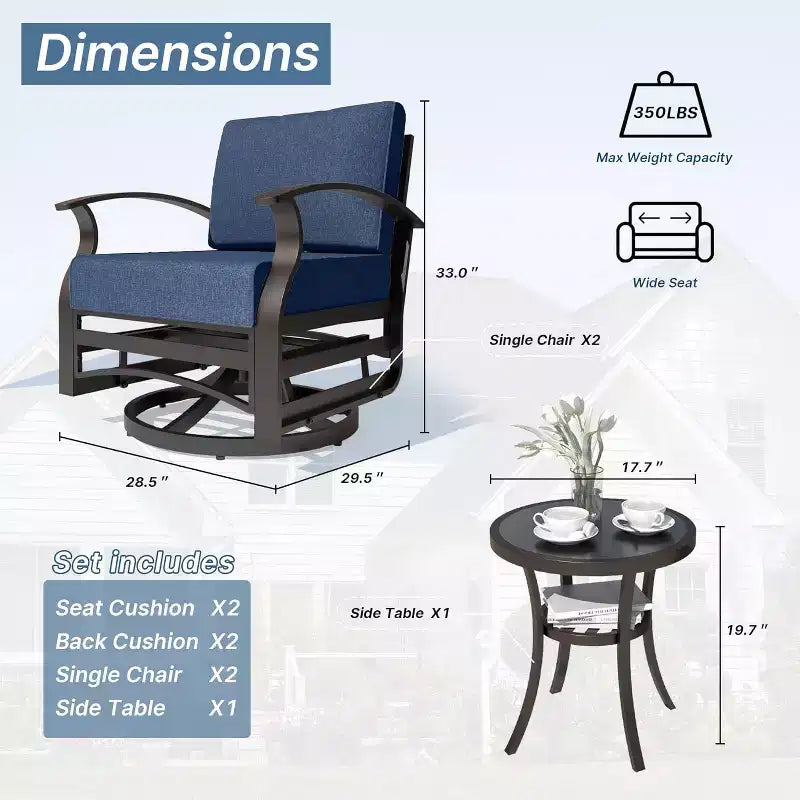 ALAULM 3 PCS Patio Furniture Set, Outdoor Aluminum Swivel Gliders Rocker, Patio Bistro Set Rocking Chair w/Cushions & coffee table