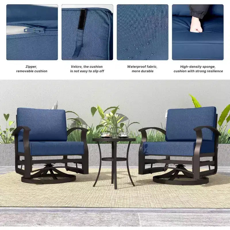 ALAULM 3 PCS Patio Furniture Set, Outdoor Aluminum Swivel Gliders Rocker, Patio Bistro Set Rocking Chair w/Cushions & coffee table
