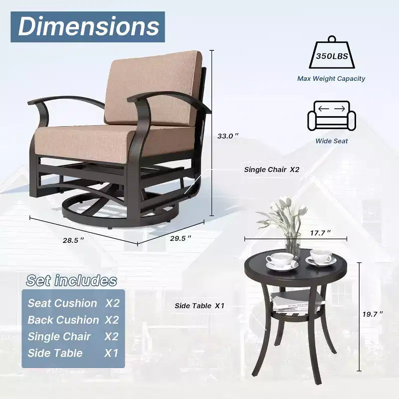ALAULM 3 PCS Patio Furniture Set, Outdoor Aluminum Swivel Gliders Rocker, Patio Bistro Set Rocking Chair w/Cushions & coffee table