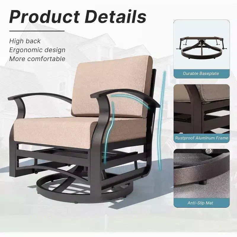 ALAULM 3 PCS Patio Furniture Set, Outdoor Aluminum Swivel Gliders Rocker, Patio Bistro Set Rocking Chair w/Cushions & coffee table
