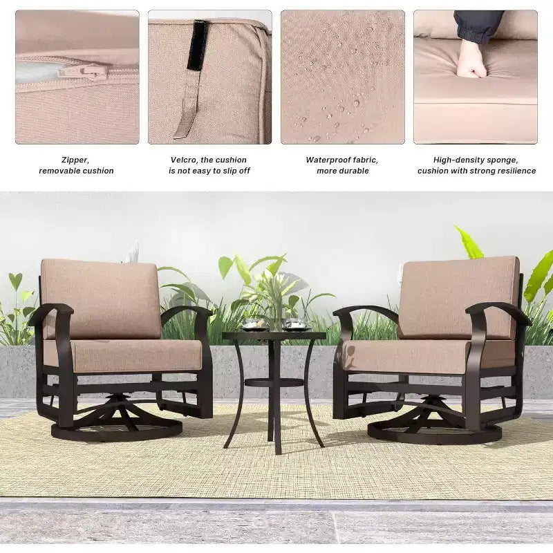 ALAULM 3 PCS Patio Furniture Set, Outdoor Aluminum Swivel Gliders Rocker, Patio Bistro Set Rocking Chair w/Cushions & coffee table