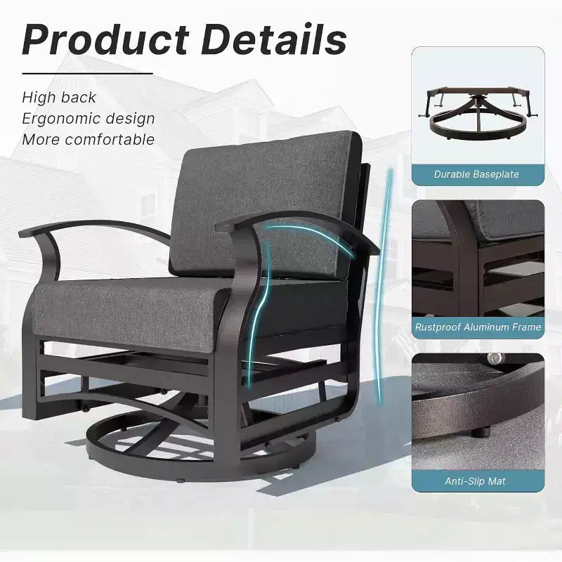 ALAULM 3 PCS Patio Furniture Set, Outdoor Aluminum Swivel Gliders Rocker, Patio Bistro Set Rocking Chair w/Cushions & coffee table