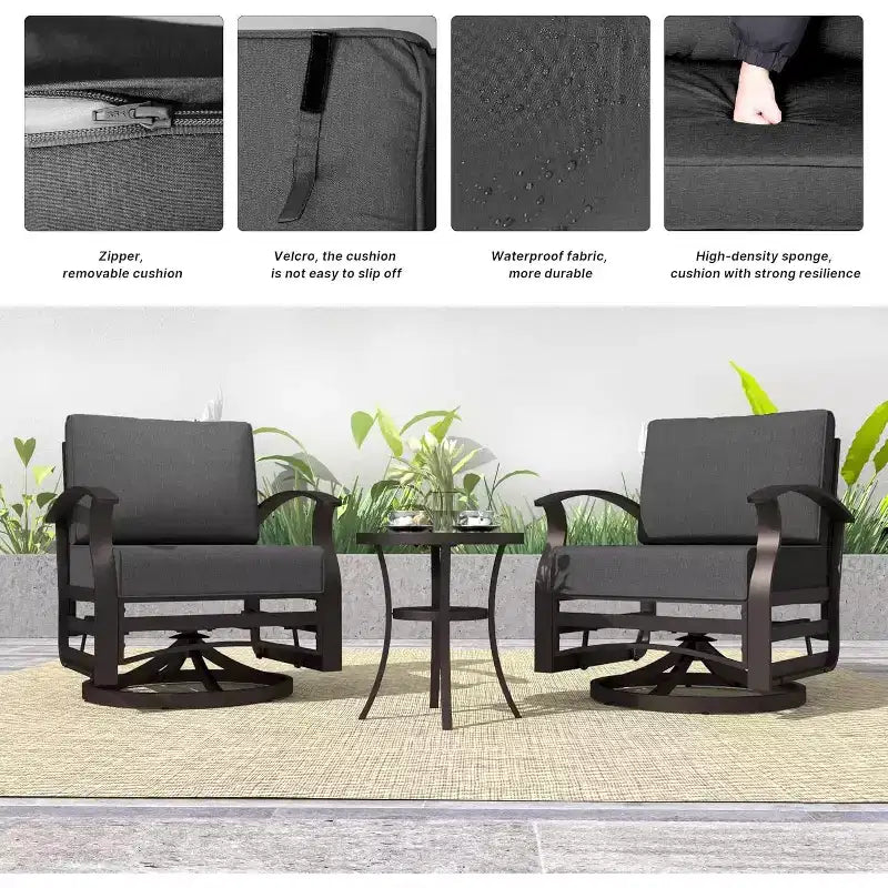 ALAULM 3 PCS Patio Furniture Set, Outdoor Aluminum Swivel Gliders Rocker, Patio Bistro Set Rocking Chair w/Cushions & coffee table