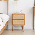 GDFStudio Nydia Solid Oak Wood and Rattan 21.26H Nightstand with Two Drawers