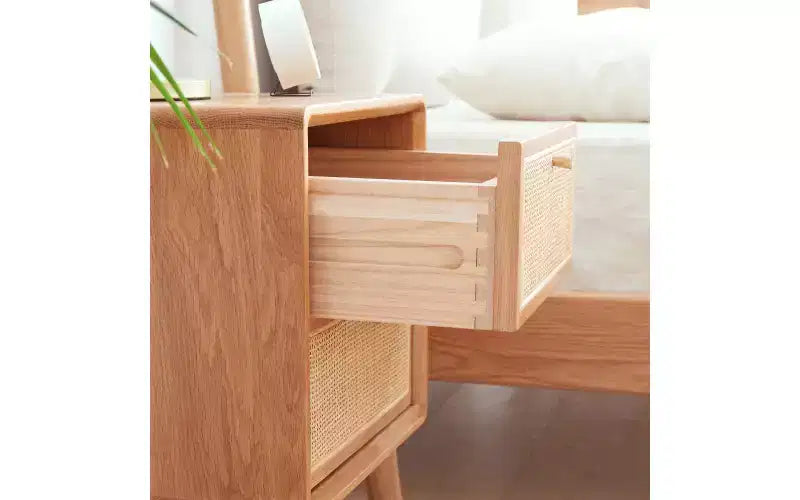 GDFStudio Nydia Solid Oak Wood and Rattan 21.26H Nightstand with Two Drawers